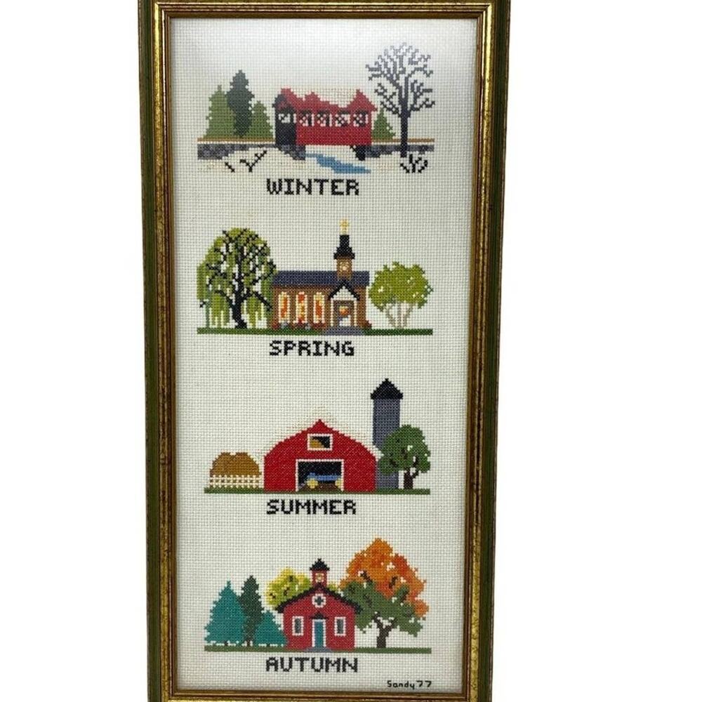 1977 Four Seasons Cross-Stitch Church Barn Trees Professional Framed
